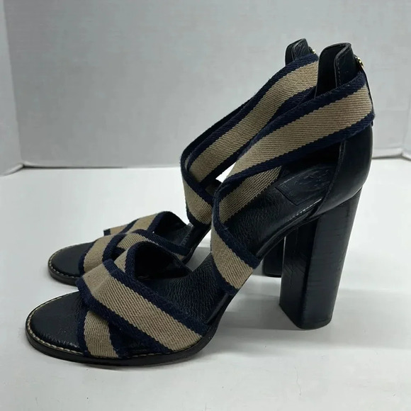 Tory Burch Laurie Criss Cross Elastic Strap Chunky Stacked High Heel Shoe 10 - Picture 3 of 10